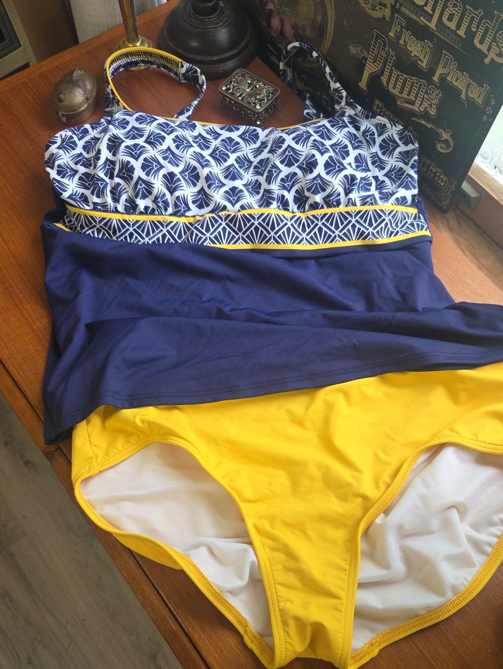 Lands' End Navy, White & Yellow Girls Two-Piece Swim Set